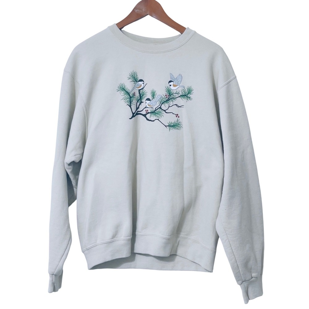 Jerzees Women Sweatshirt M Beige Bird Pullover Cottagecore Coastal Granny Casual